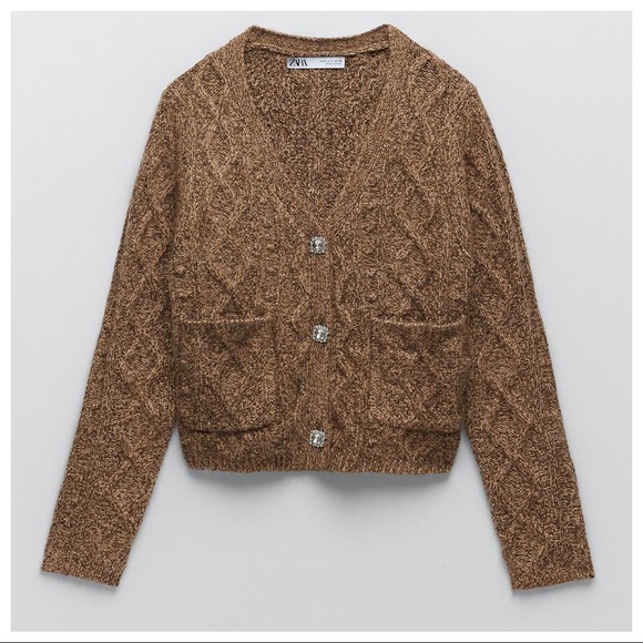 NWT. Zara Brown Jewel Button Knit Cropped Cardigan. Size M. - Picture 5 of 9